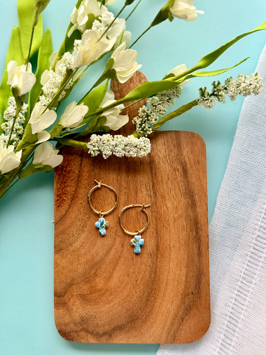 Mini Blue Floral Cross Hoops